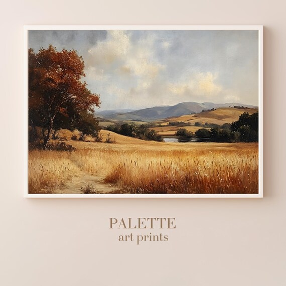 Golden Autumn Field Lake Red Tree Warm Vintage Landscape Poster