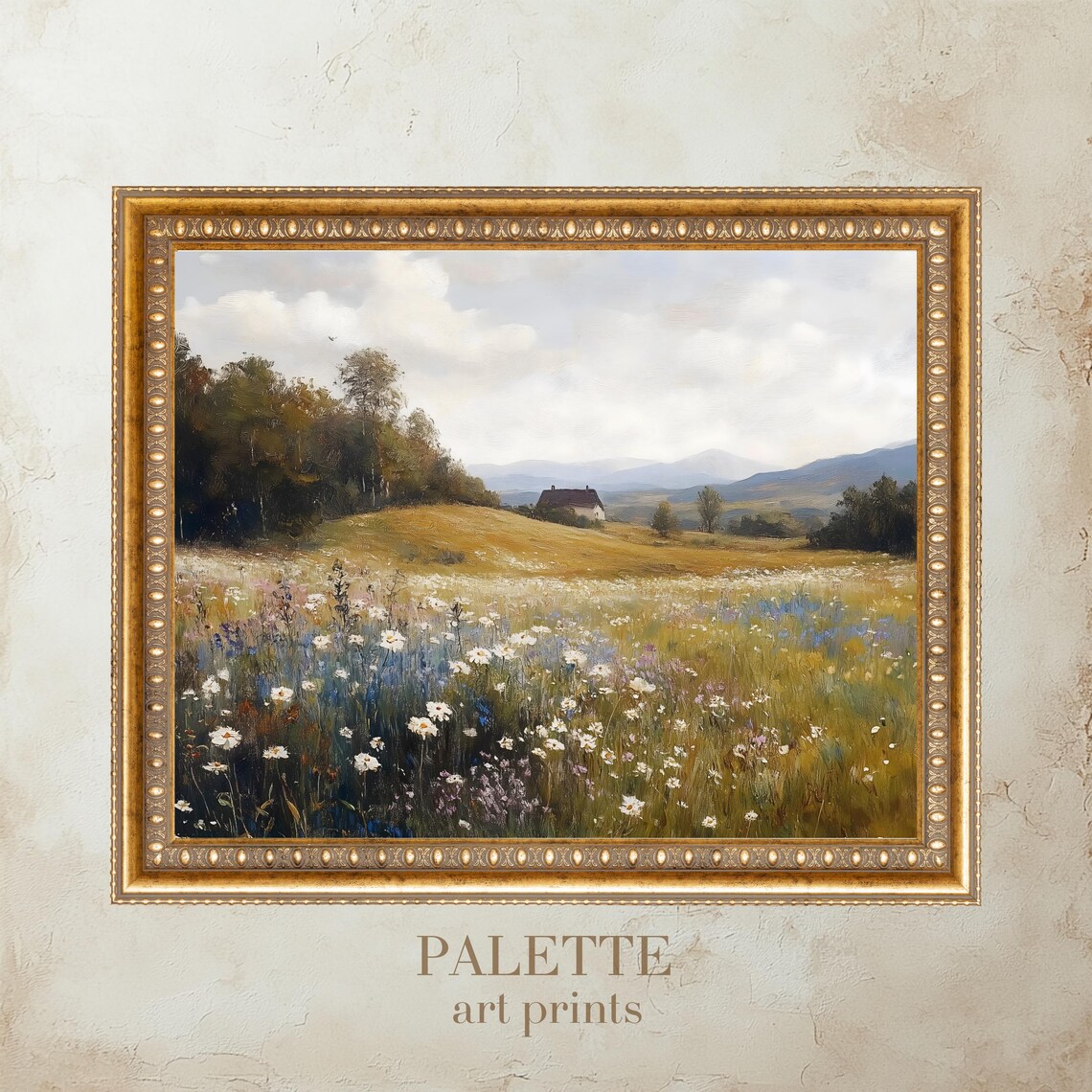 White Wildflower Field Distant Cottage Summer Meadow Art Print