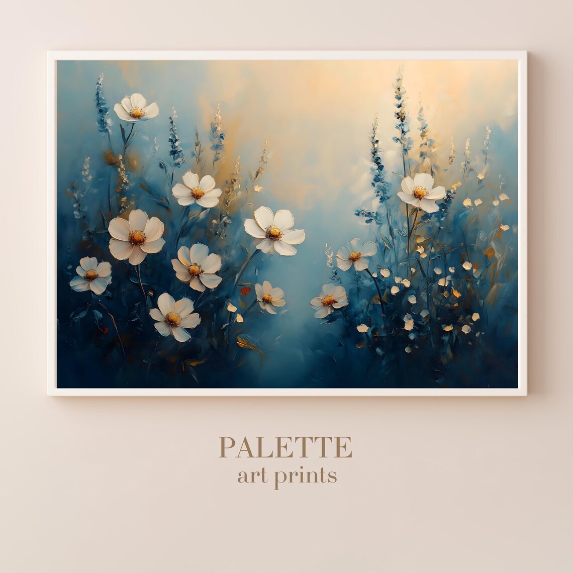 White Cosmos Flowers Dreamy Blue Floral Impasto Painting Poster - Image 3