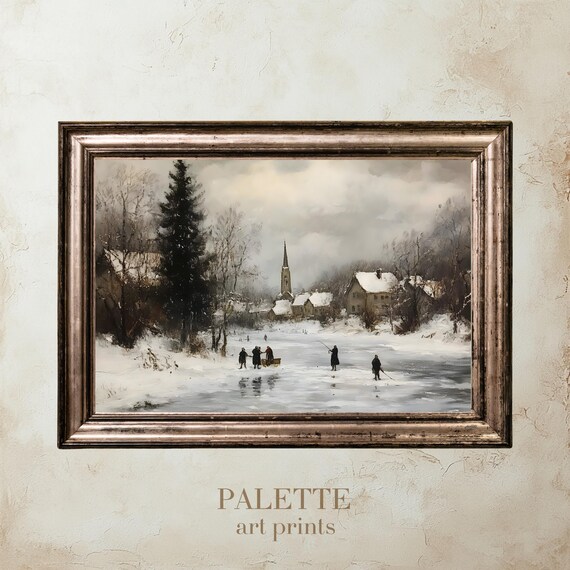 Ice Fishing on Frozen River Winter Village Church Scene Poster