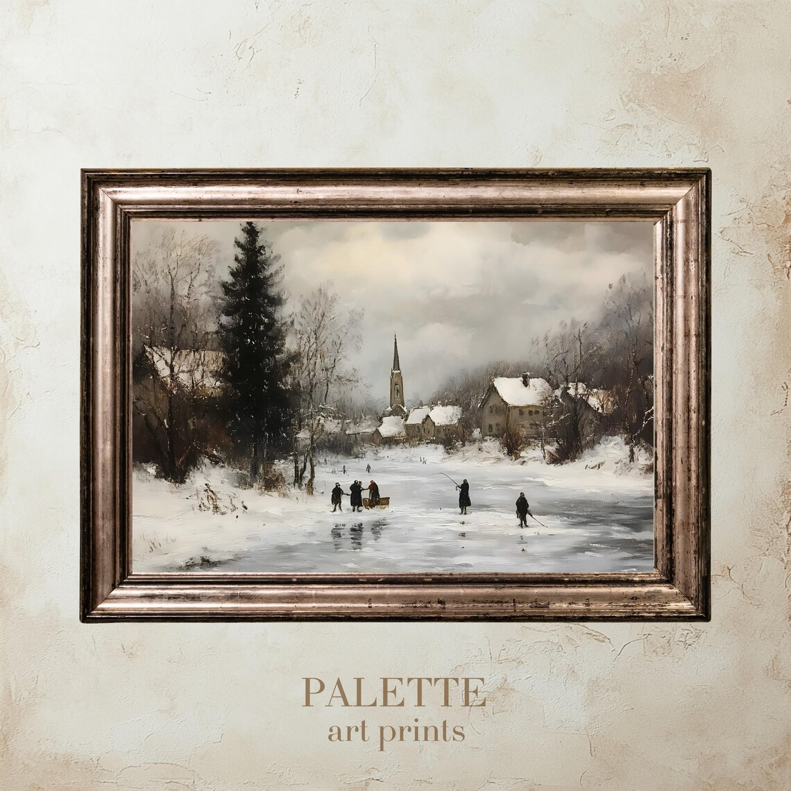 Ice Fishing on Frozen River Winter Village Church Scene Poster