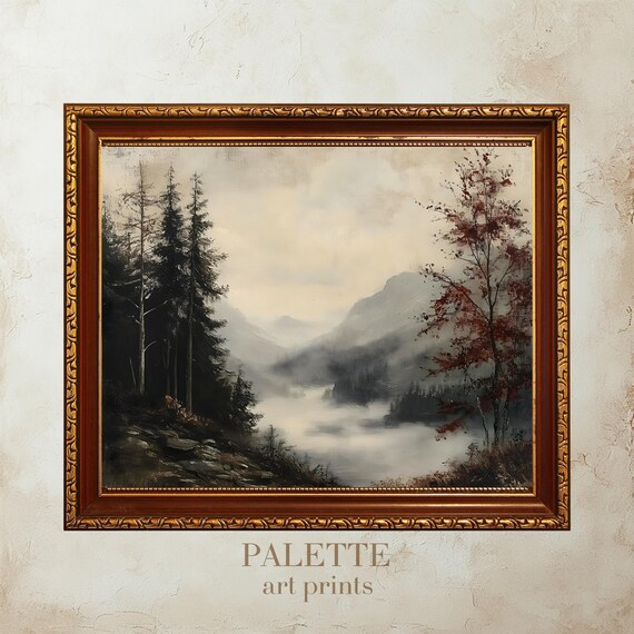 Misty Mountain Valley With Calm River Oil Painting Wall Art Serene Nature Landscape For Peaceful Home Decor Lnd039