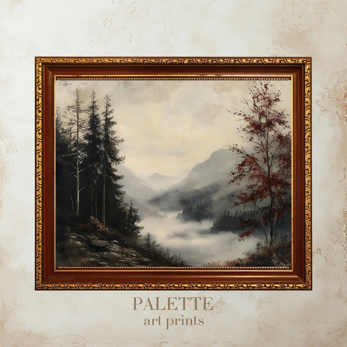 Foggy Mountain Lake Tall Pines Moody Forest Landscape Painting Poster