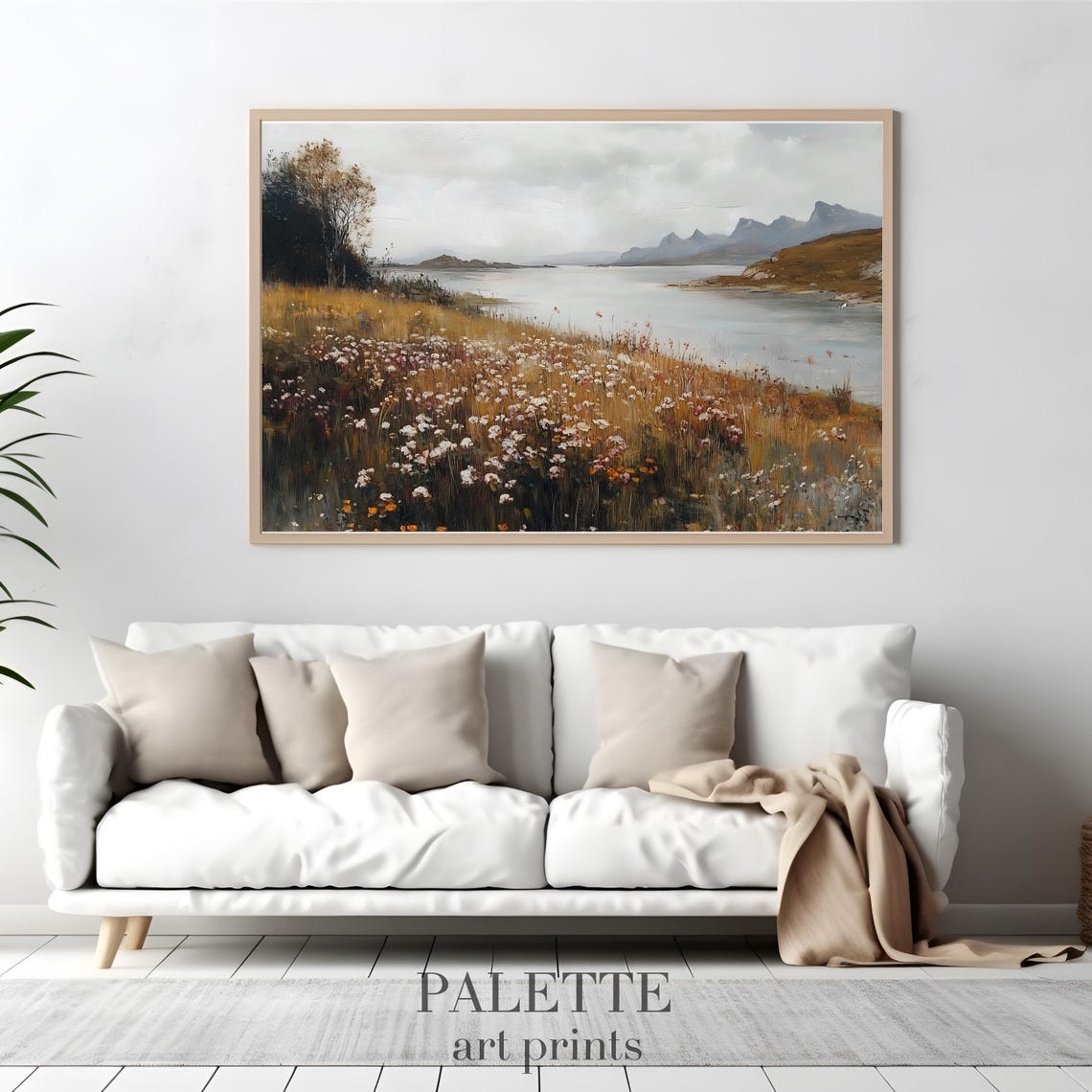 Wildflower Shoreline Calm Bay Distant Mountains Painting Wall Art - Image 3