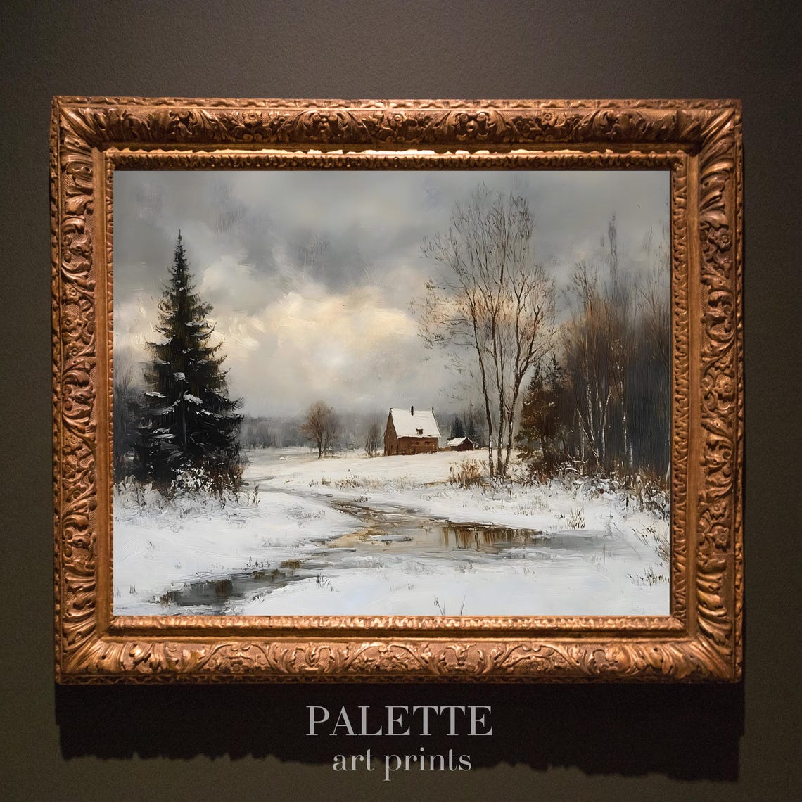 Snowy Cottage Beside A Frozen Stream Winter Woodland Landscape Poster - Image 3
