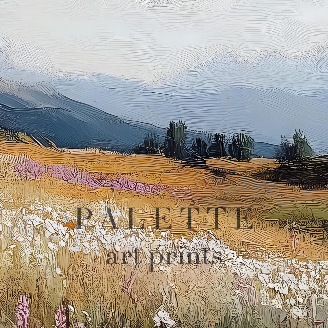 Daisy Meadow Rocky Peak Alpine Wildflower Landscape Art Print - Image 2