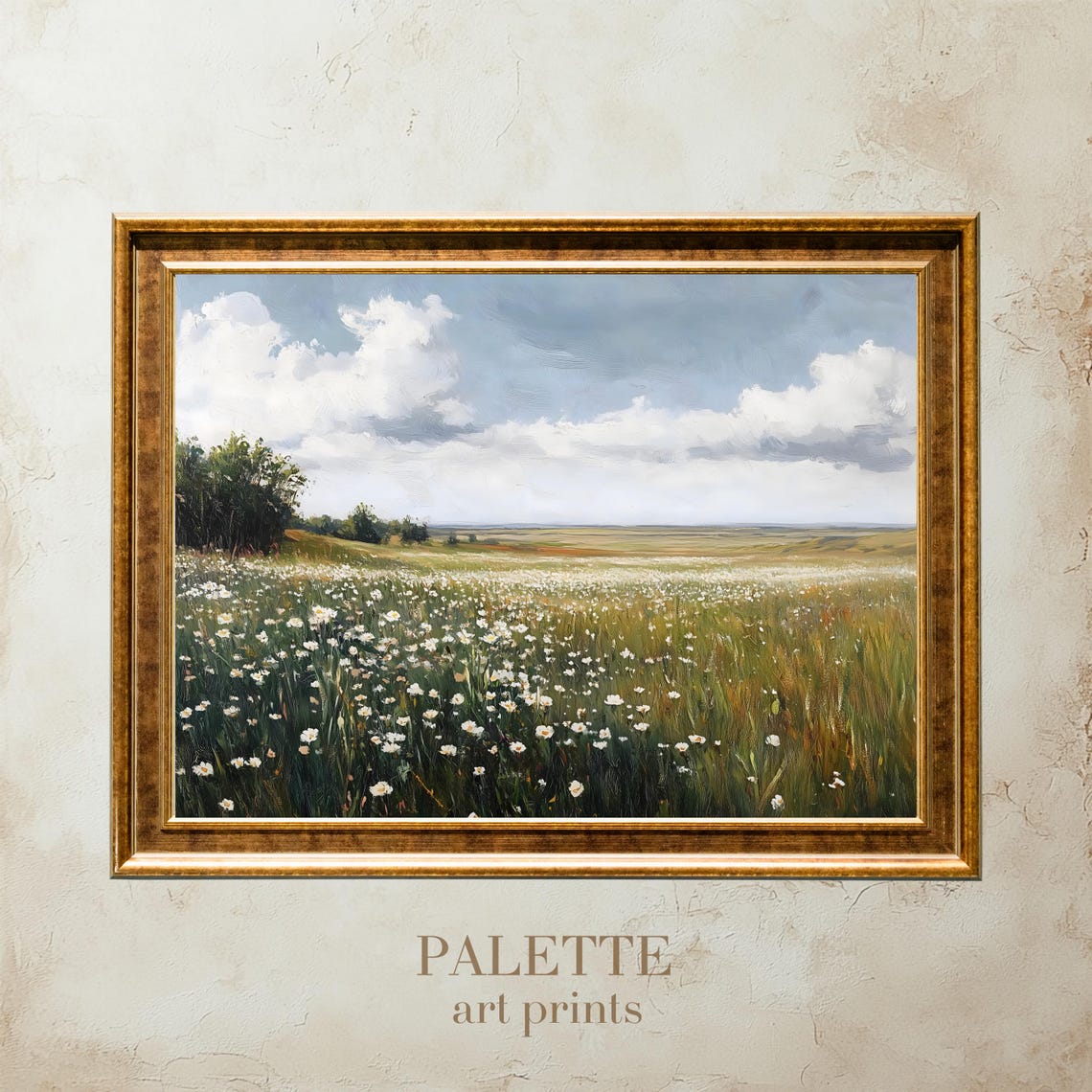 Sunlit Meadow Of White Wildflowers Under Vast Summer Clouds Poster