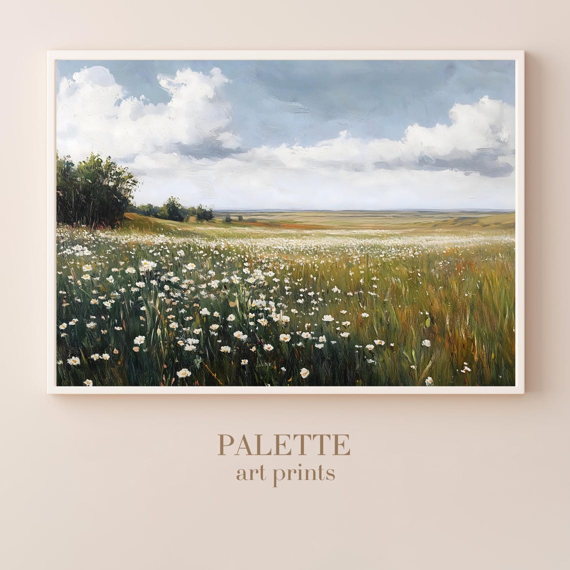 Sunlit Meadow Of White Wildflowers Under Vast Summer Clouds Poster - Image 3