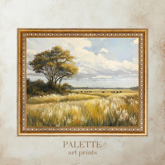 Vintage Tree In Golden Meadow Rural Oil Painting Landscape Pastoral Wall Art Print Rustic And Nature Loving Home Decor Lnd023
