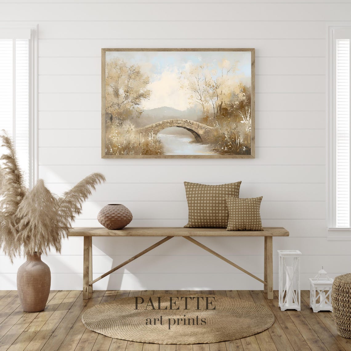 Stone Arch Bridge Over River Soft Beige Vintage Landscape Poster - Image 3