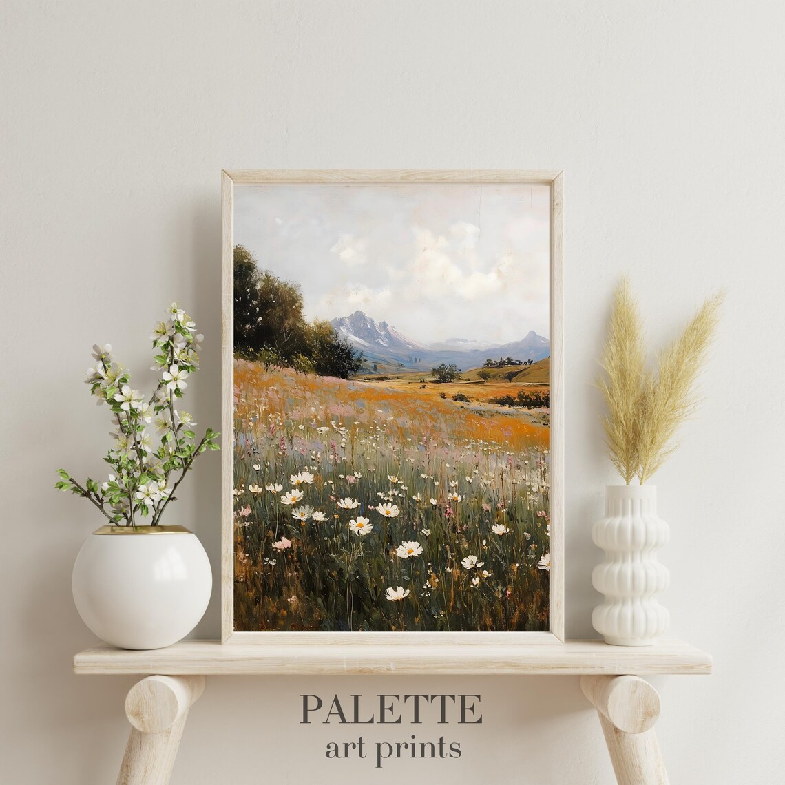 Daisy Wildflower Meadow Mountain Backdrop Golden Field Painting Poster - Image 3