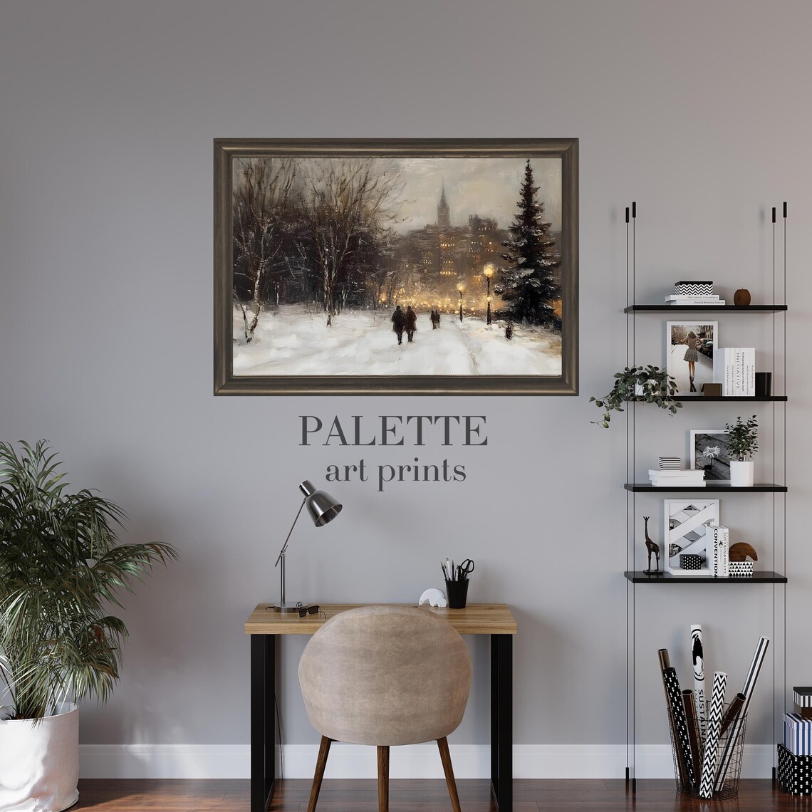 Snowy City Street at Dusk Glowing Lamps Evening Scene Poster - Image 2