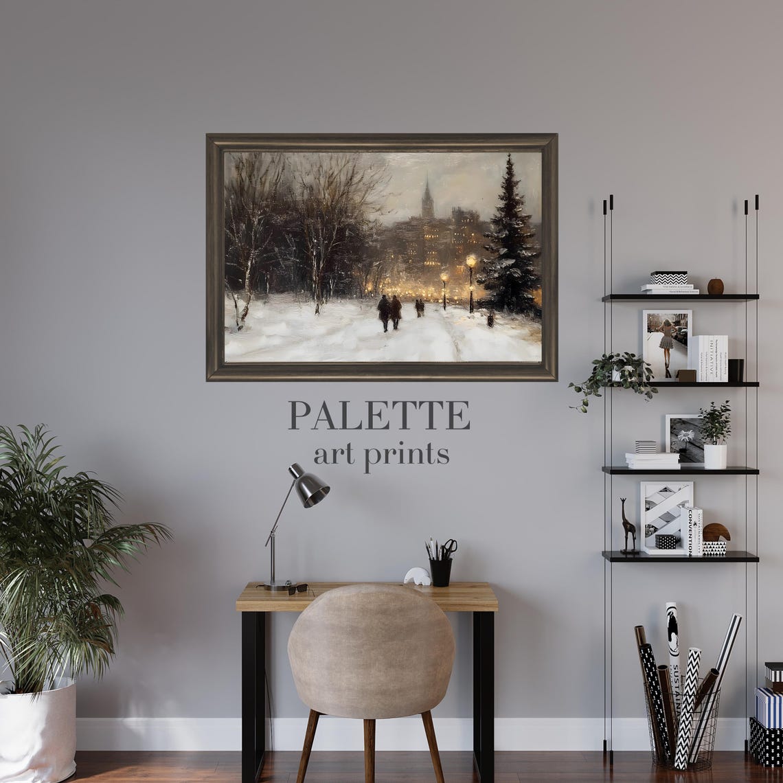 Snowy Street Scene Painting Winter Cityscape Art Print Street Lights Decor Christmas Wall Art Cozy Winter Landscape Urb017 - Image 2