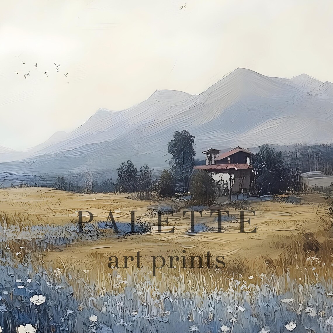 Blue Wildflower Meadow Mountain Farmhouse Cloudy Sky Wall Art - Image 2
