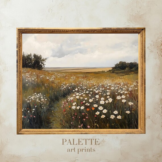 Summer Daisy Field Stretching Toward Golden Distant Hills Poster