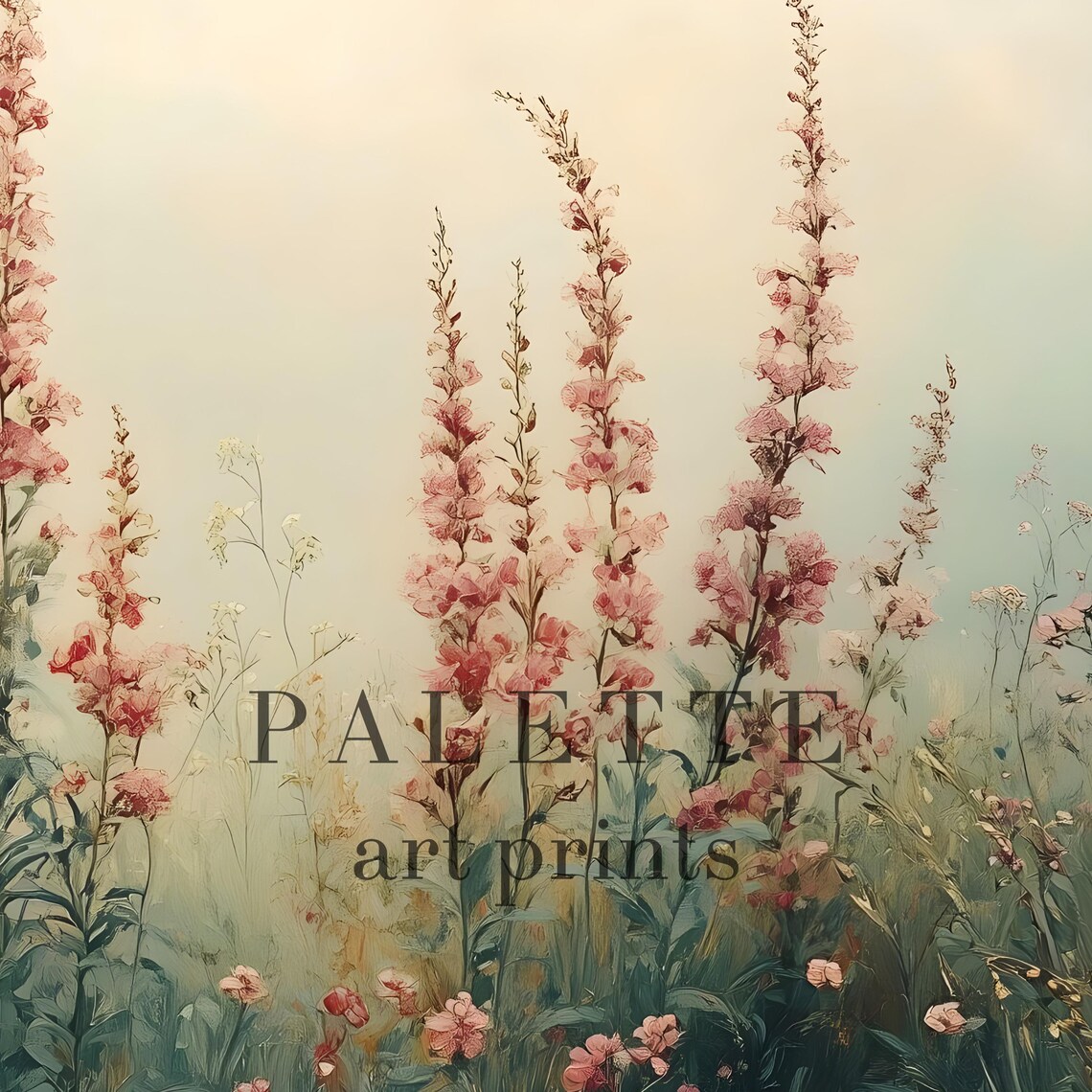Pink Hollyhock Spires Summer Meadow Delicate Floral Painting Poster - Image 2