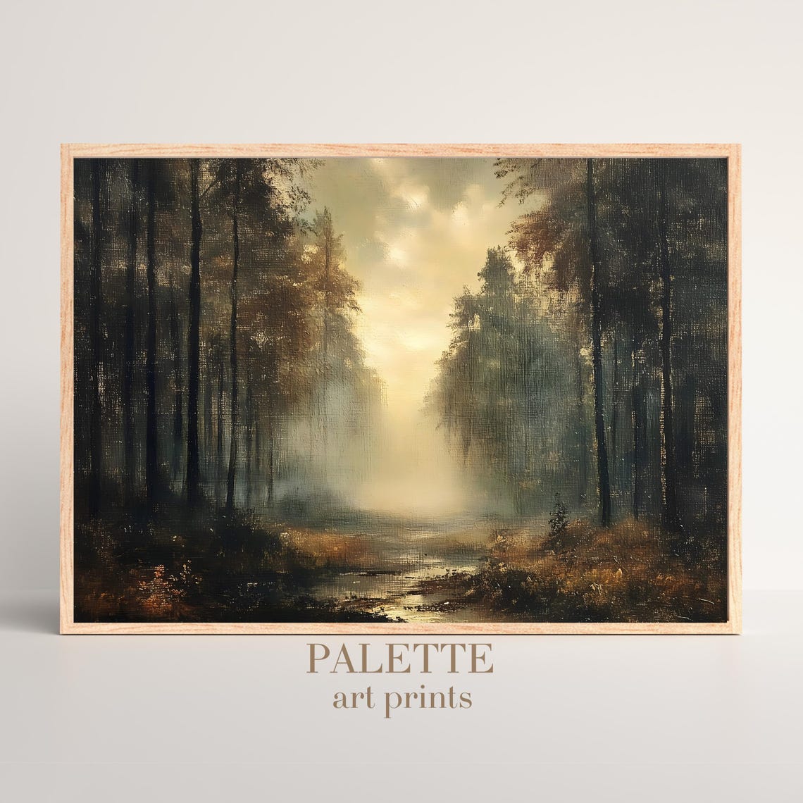 Sunlit Misty Forest Path Dark Woodland Painting Moody Wall Poster - Image 3