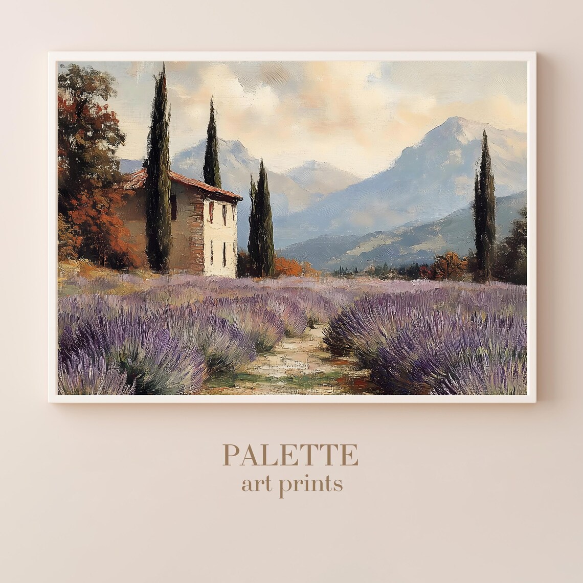 Lavender Field Farmhouse Cypress Trees Blue Mountain View Poster
