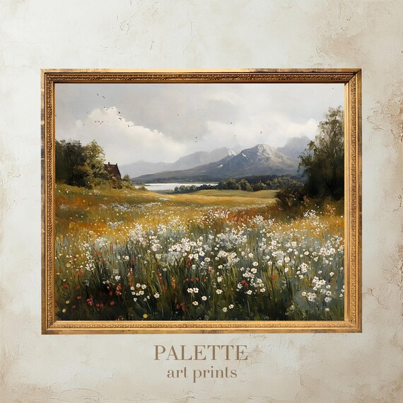 Mountain Meadow And Cottage Painting Blooming Field With Daisies And Majestic Mountain View Instant Art Lnd104