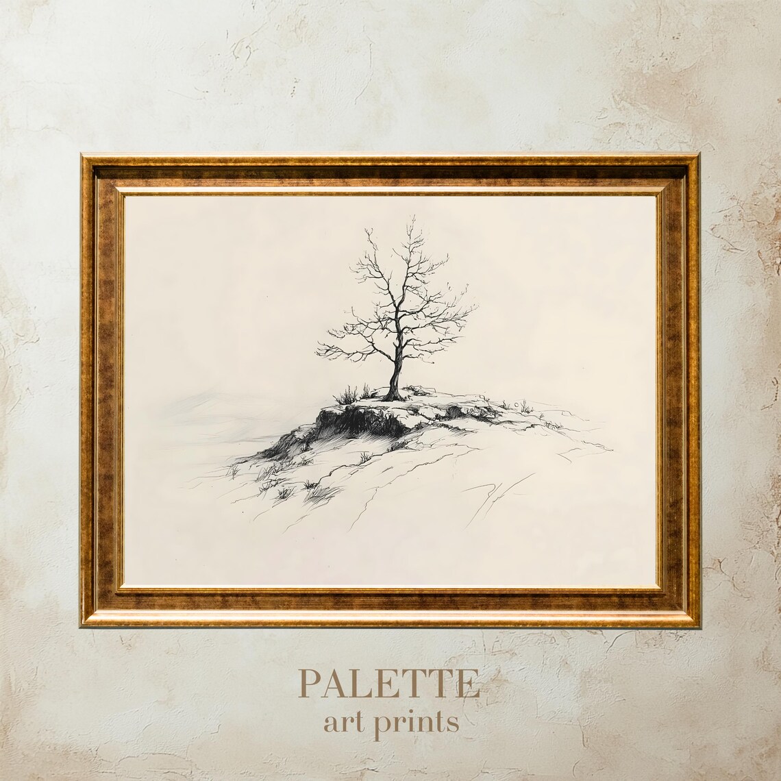 Lonely Tree Pencil Sketch, Minimalist Office Decor