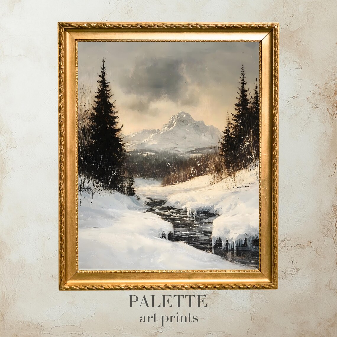Snowy Mountain Stream Pine Forest Icicles Serene Winter Painting Poster