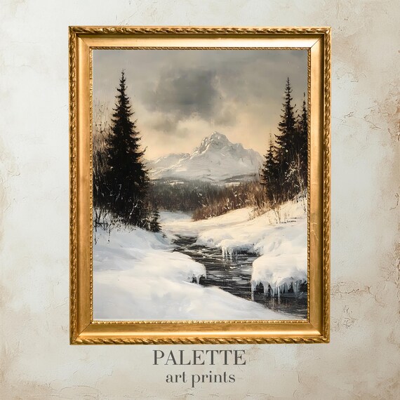 Snowy Mountain Stream Pine Forest Icicles Serene Winter Painting Poster