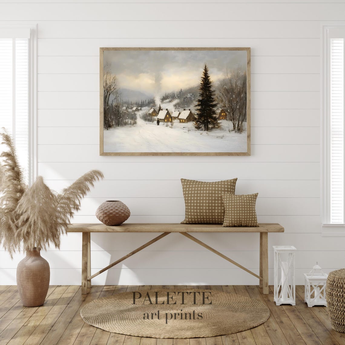 Snowy Village Cabins Beside A Tall Pine On A Winter Path Poster - Image 2