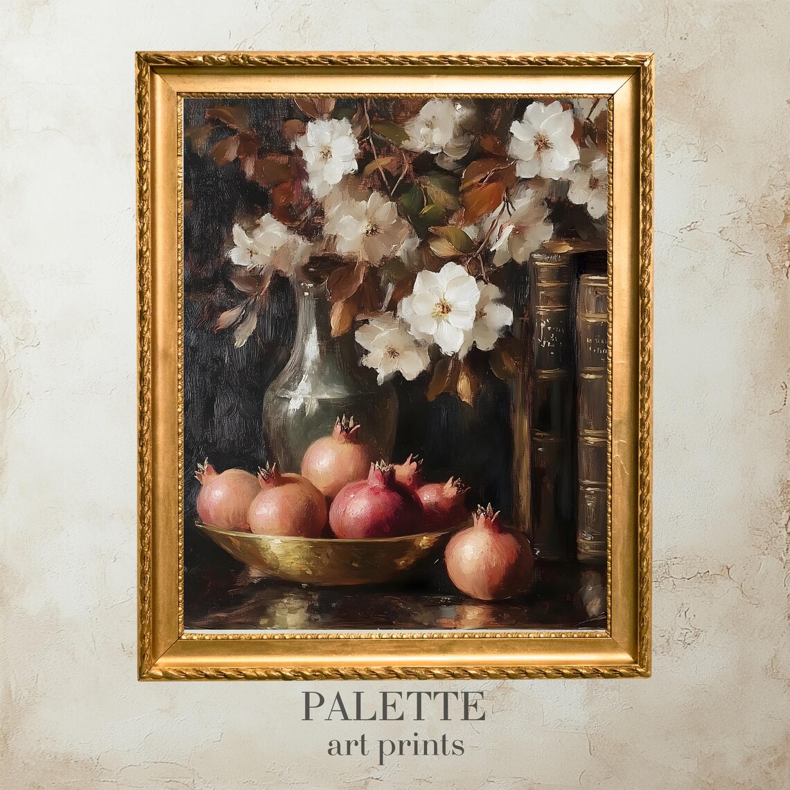 Pomegranate Gold Bowl Blossom Vintage Moody Still Life Art Print
