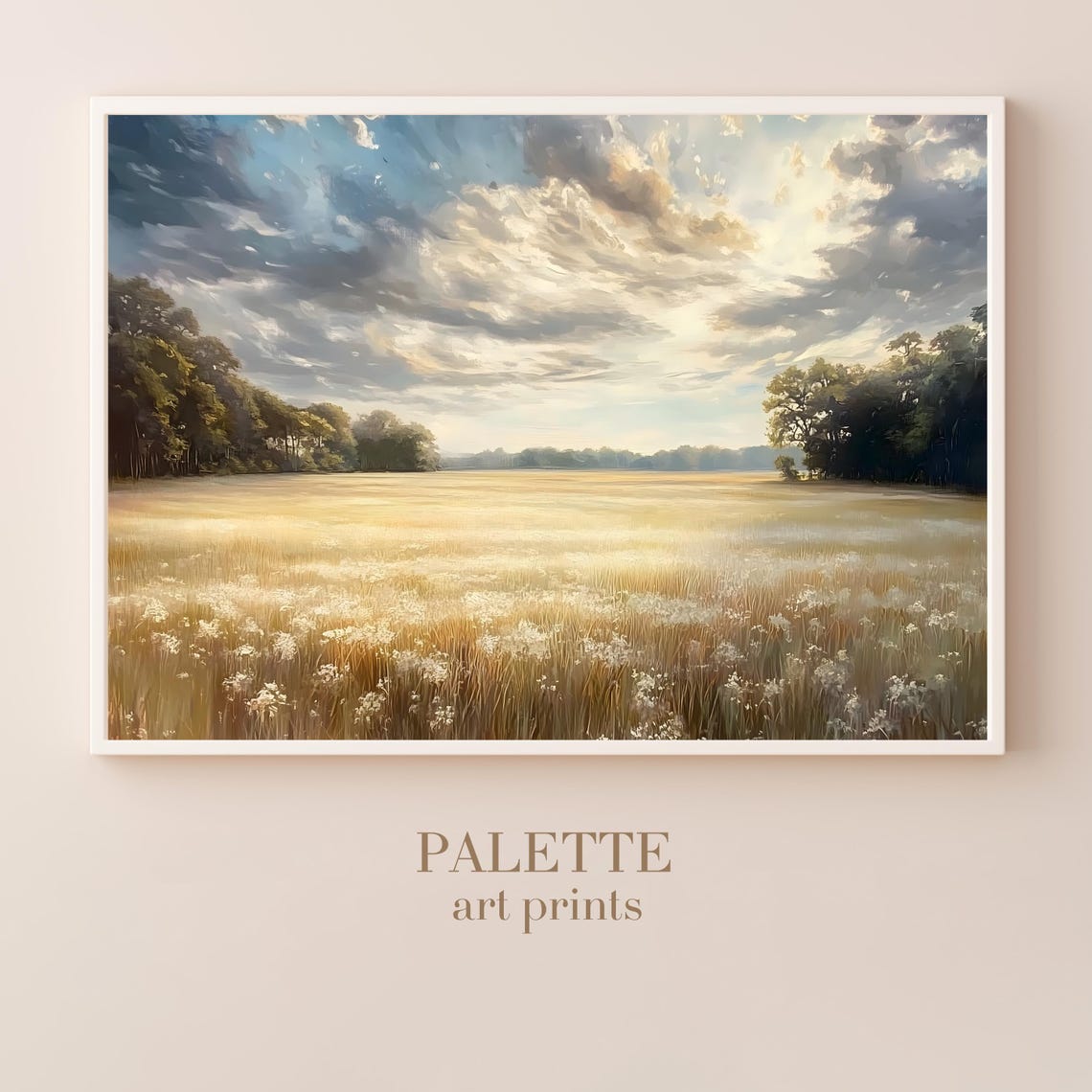 Dramatic Sunlit Clouds Over a Golden Meadow Landscape Wall Art