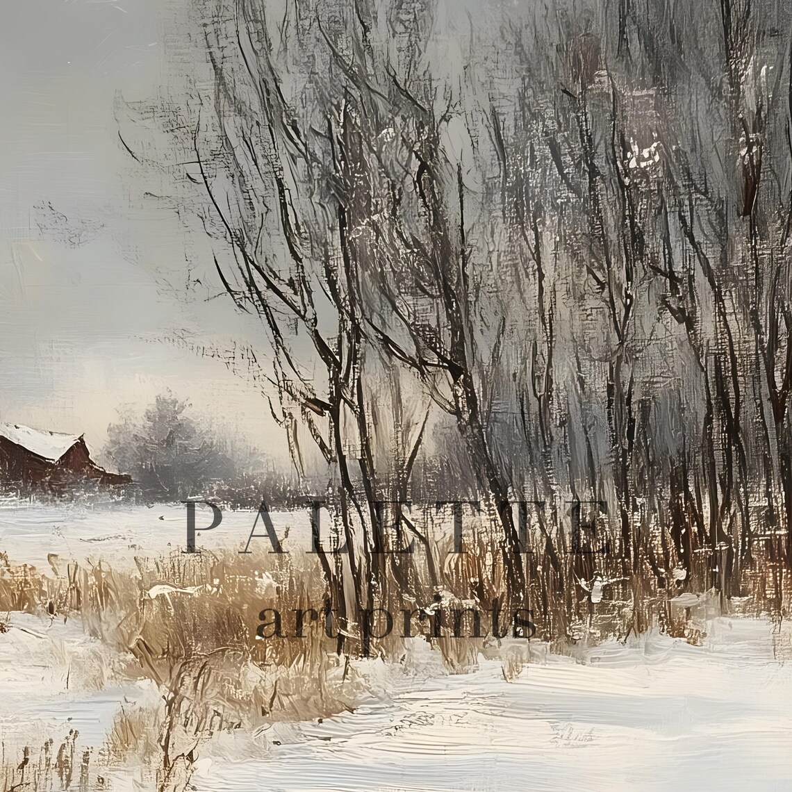 Winter Walk to the Farm Snowy Path Country Cottage Painting Poster - Image 2