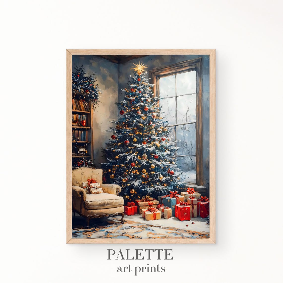 Cozy Reading Nook Christmas Tree Red Ornaments Bookshelf Wall Art