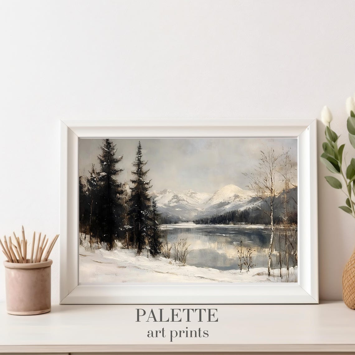 Winter Mountain Lake Snowy Pines Moody Vintage Landscape Poster - Image 2
