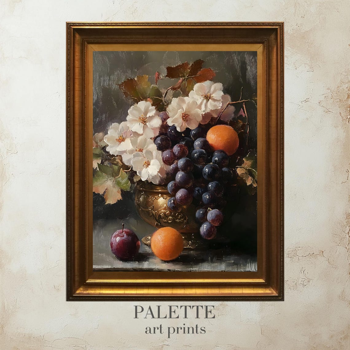 Dark Grape Blossom Orange Vintage Still Life Brass Urn Print