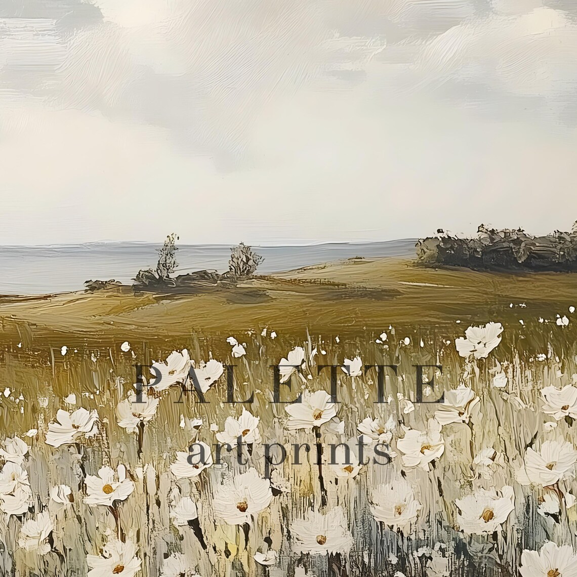 White Daisy Meadow Path Leading to the Sea Sailboat Wall Art - Image 2
