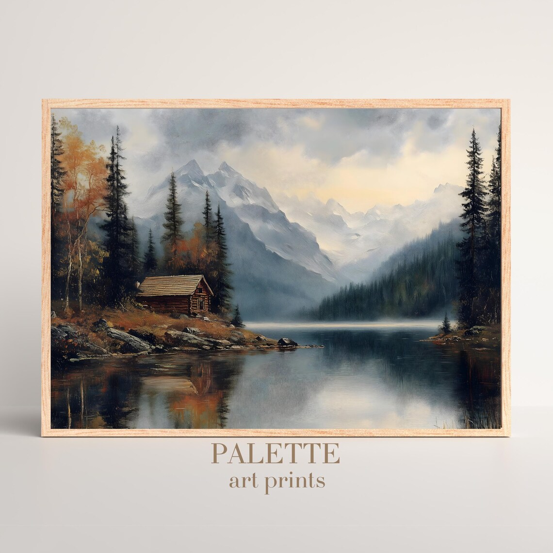 Cabin By The Lake Art Print Cozy Mountain Landscape Painting Rustic Wall Decor Aut001