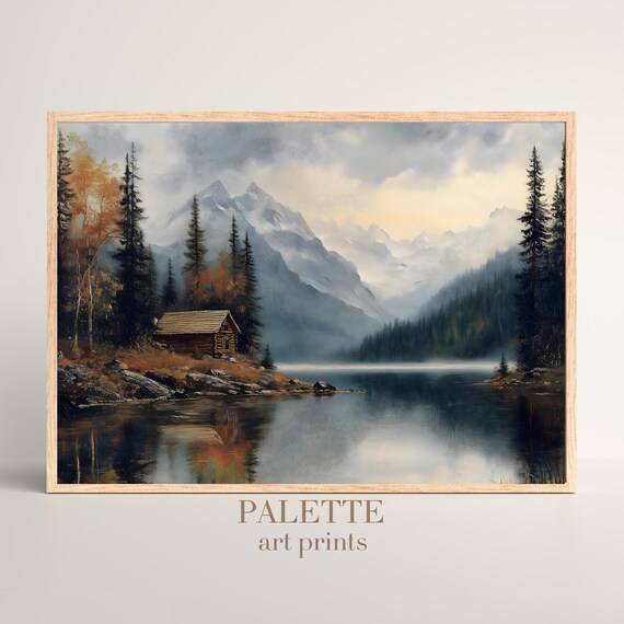 Cabin By The Lake Art Print Cozy Mountain Landscape Painting Rustic Wall Decor Aut001