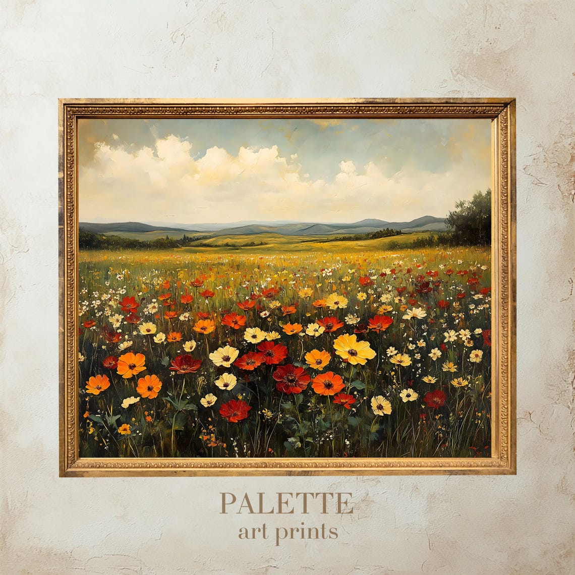 Vibrant Red Orange Wildflower Field Rolling Hills Sky Wall Art