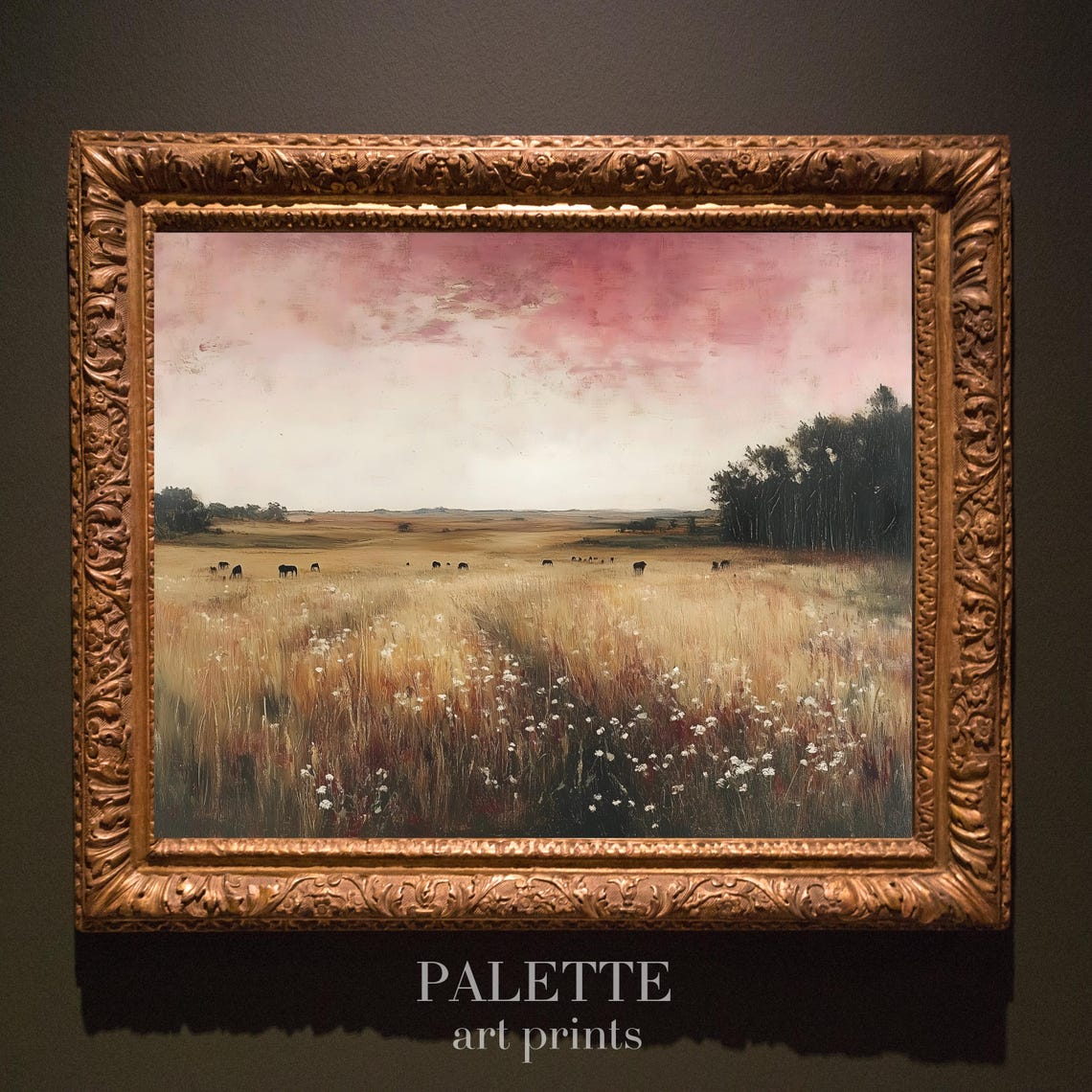 Cattle Grazing Prairie Rose Pink Sky Golden Field Landscape Poster - Image 3