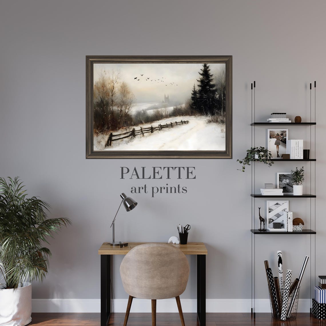 Snowy Countryside Path Winter Bird Flock Rustic Landscape Print - Image 2