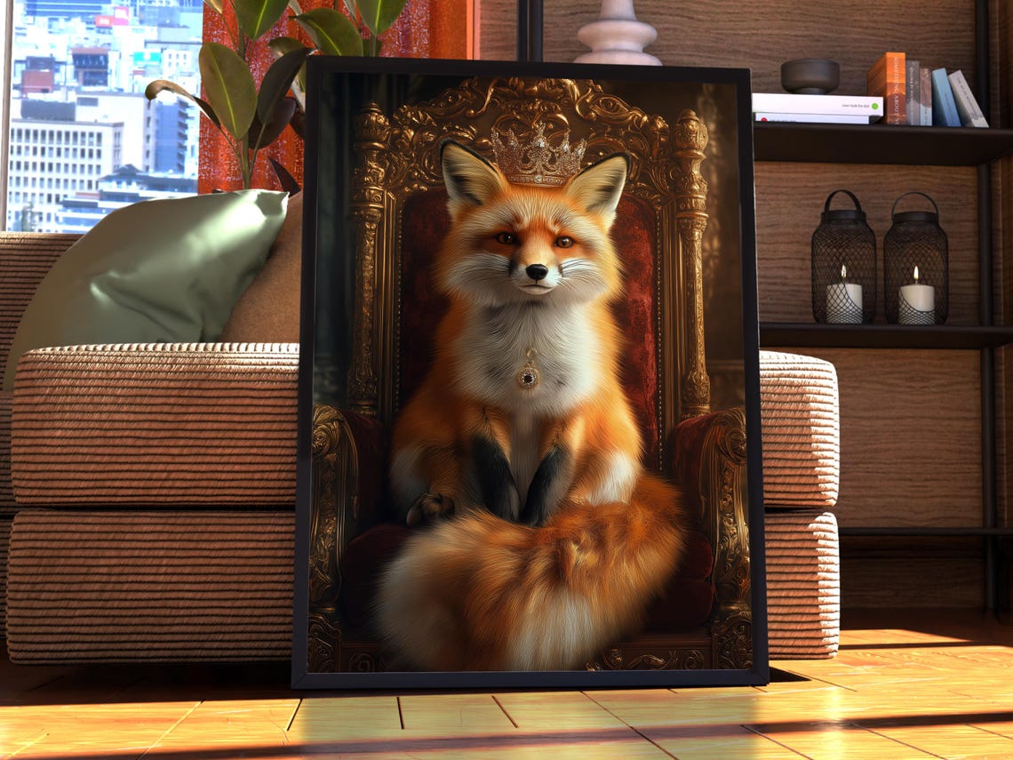 Funny Royal Fox Portrait Crowned King on Golden Throne Poster