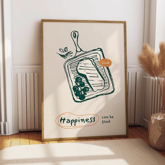 Happiness Can Be Fried Steak Grill Pan Kitchen Wall Decor Food Poster