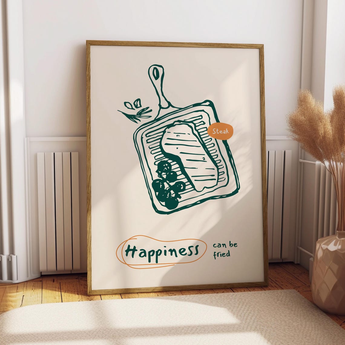 Happiness Can Be Fried Steak Grill Pan Kitchen Wall Decor Food Poster