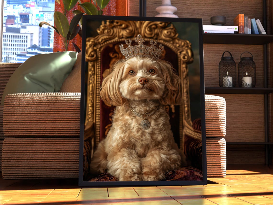 Fluffy Puppy Wearing Jeweled Crown Royal Throne Dog Portrait Poster