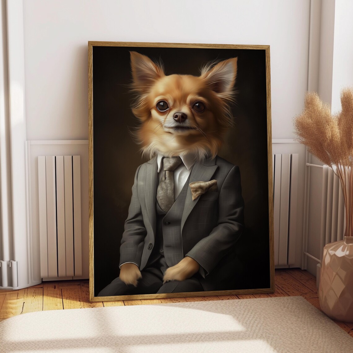 Chihuahua in a Tailored Grey Suit Portrait Poster for Dog Lovers