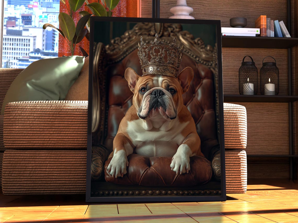 English Bulldog Royal Portrait Poster Crowned Puppy Throne Wall Decor