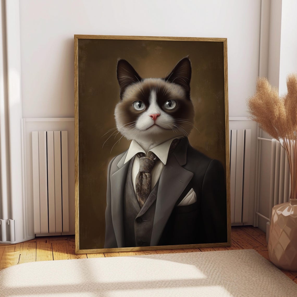 Snowshoe Cat In Suit And Tie Grumpy Pet Portrait Funny Wall Art