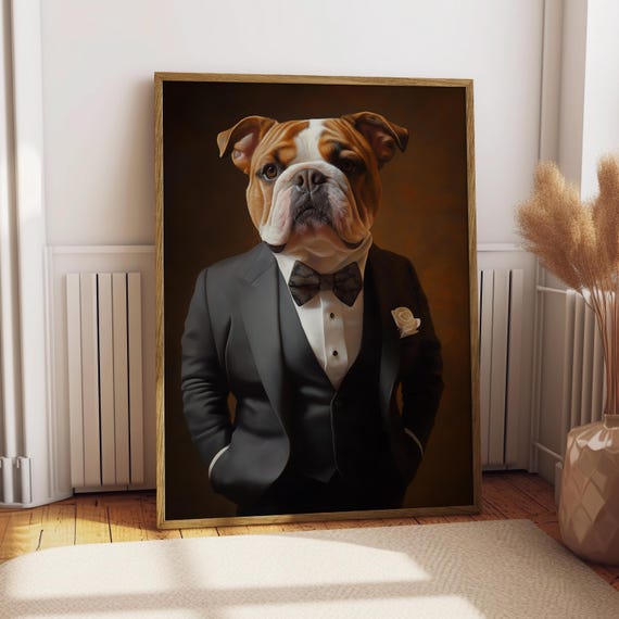 English Bulldog Suit Portrait Dog Poster Pet Custom Art Gift Funny