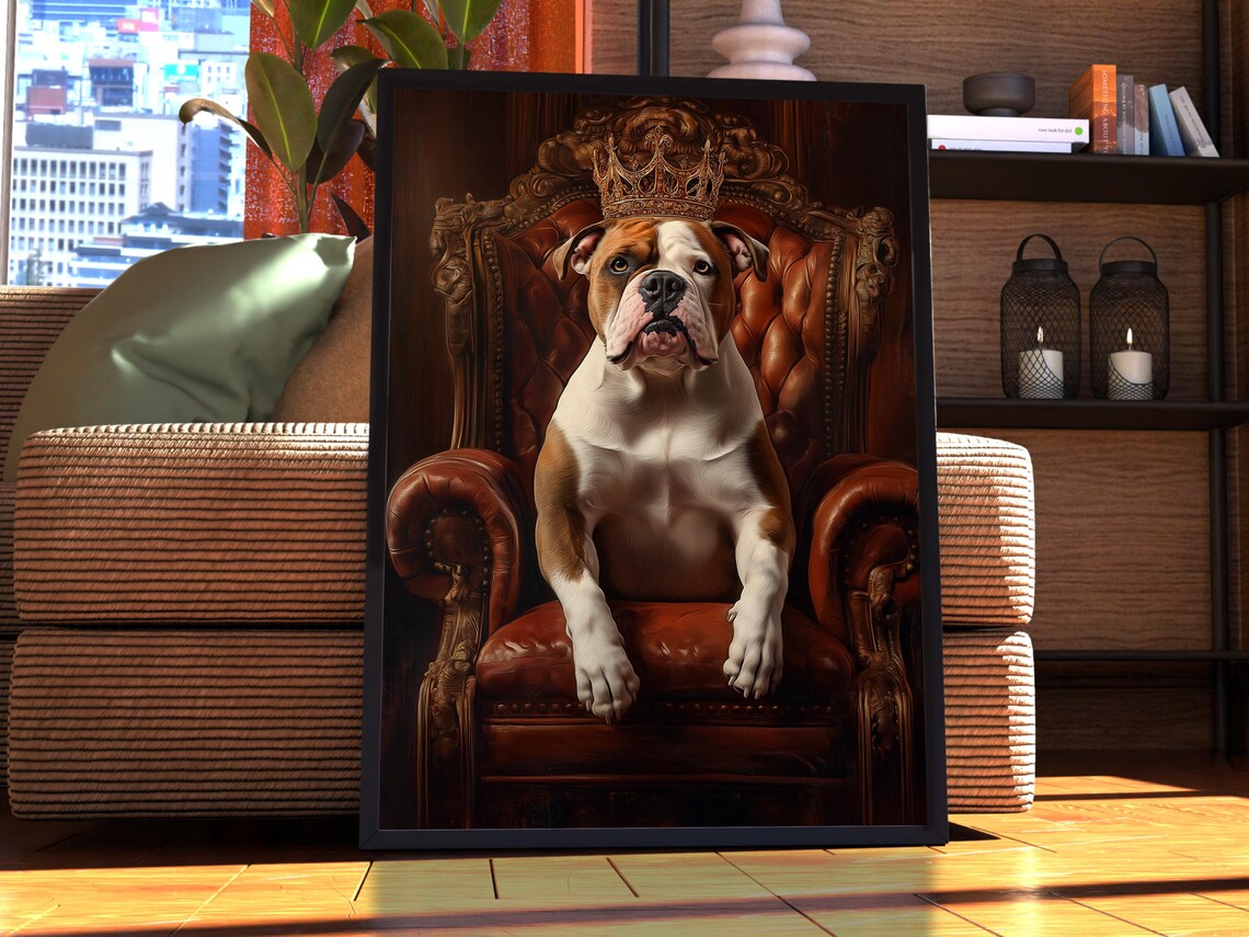Bulldog Royal Portrait Crown Leather Throne Dog Lover Poster
