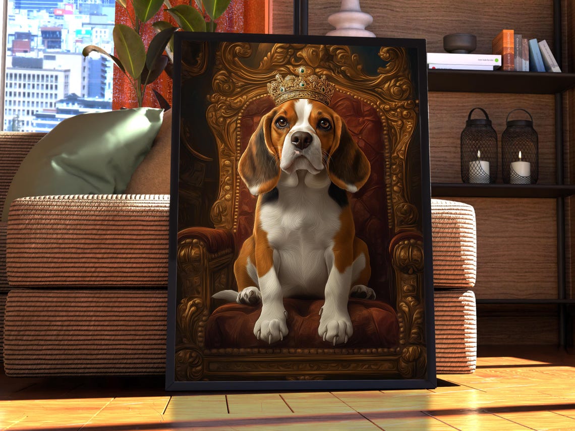 Crowned Beagle Puppy on Golden Throne Royal Pet Portrait Poster