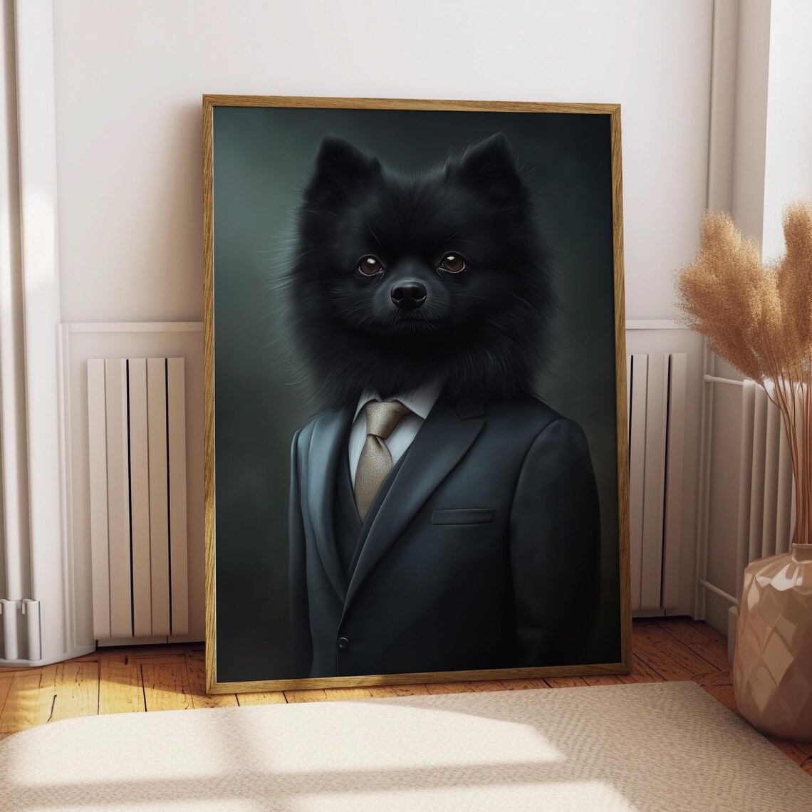 Black Pomeranian Dog in Suit Tie Tiny Gentleman Formal Pet Poster